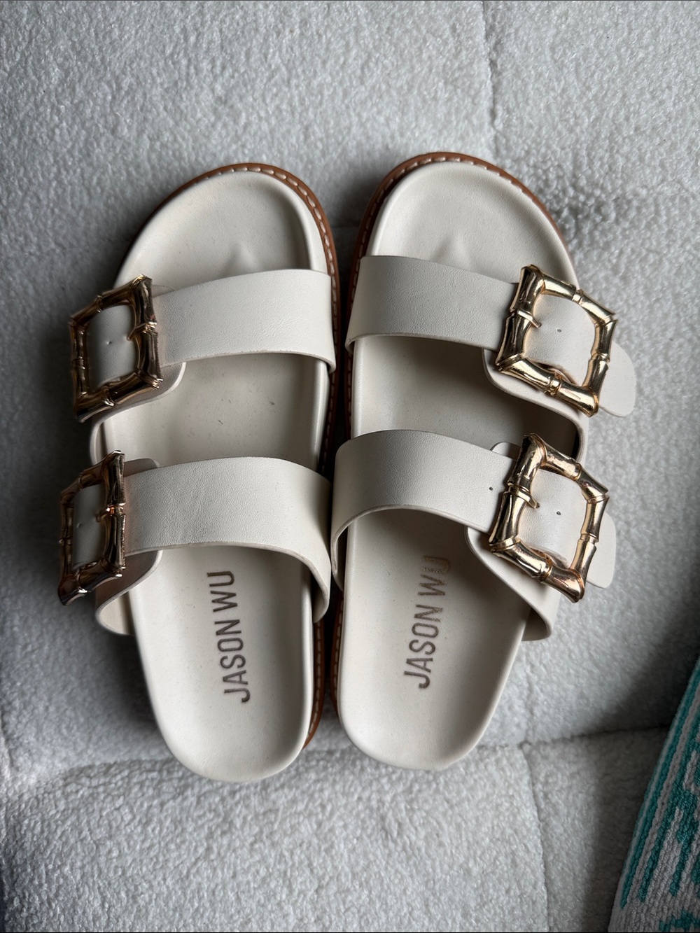 Jason Wu Cream Leather Double-Buckle Slide Sandals with Gold Buckles